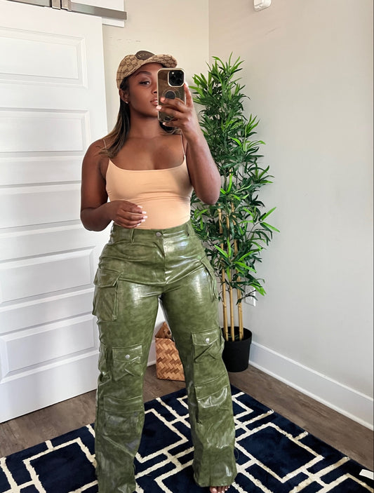 Moss Green Faux Leather Cargos